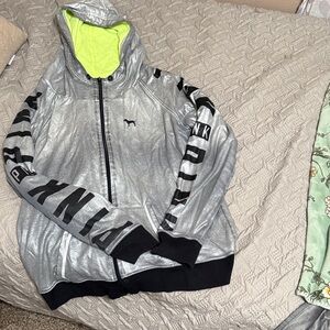 PINK Victoria's Secret Metallic Silver Hoodie with Black Details